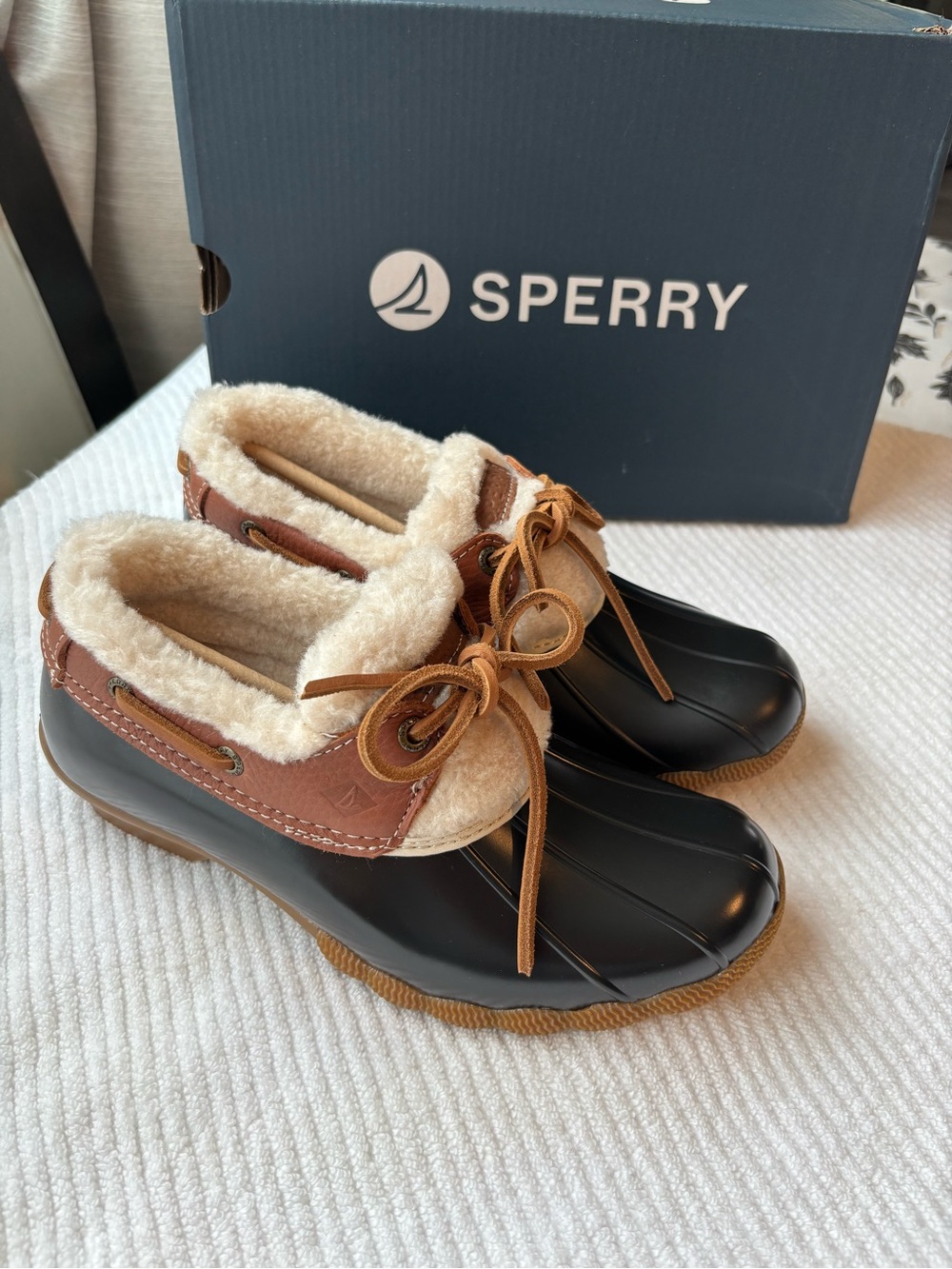 Sperry Black and Brown Shearling-Trim Duck Shoes